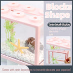 Small Betta Fish Tank, Stackable Mini Fish Tank Tiny Aquarium Tank Kit with Aquarium Gravel & Resin Decorations, 0.6 Gallon Cube Desktop Fishbowl for Snails, Crabs, Starfish (Pink)