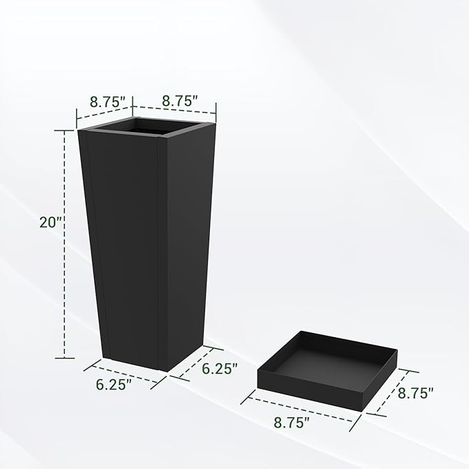 Metal Tall Planters 20 inch Set of 2, Durable Taper Planter with Drainage Holes & Rust-Proof Coating & Trays for Outdoor Indoor Garden Patio Front Door (Black)