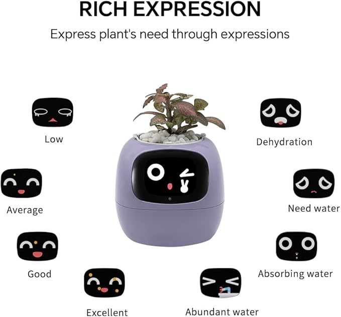 Smart Plant Pot with Expression, AI Intelligent Flower Pot for Indoor Decoration, Smart Garden Pot with Water/Light/Temperature Sensors, Ivy AI Planter (Purple)
