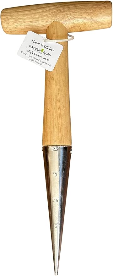 Garden Guru Steel Dibber Planter Tool for Planting Seeds & Bulbs - High Carbon Steel & Comfortable Wood Carved Handle - for Consistent Planting Flowers Tulips, Daffodils, Dahlias (2 Pack)