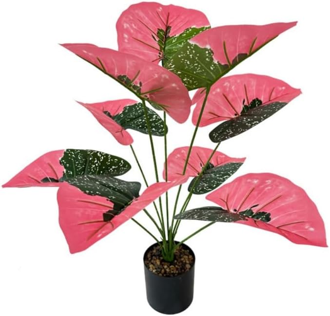 Artificial Caladium Plant with Red and Green Leaves, Red Leaf Artificial Plants Decoration Simulated Bonsai Potted Decor Home Room Party Wedding Office Floor(Rosered(No Flowerpot), 60cm)