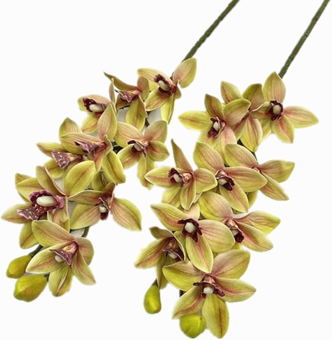 4pcs Artificial Cymbidium Orchid Flower Plant 3D Print Vanda 10 Heads Latex Phalaenopsis Flower (Green Yellow)