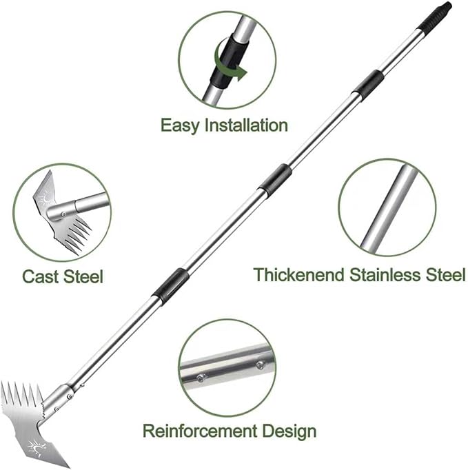 Weed Puller Tool with Long Handle, 60inch Manual Weed Puller Tool,2 in 1 Hand Weed Rake,Heavy Duty Garden Hoe,Uprooting Weeder Remover for Garden (Chrome(Stainless Steel), 60" Long Handle)