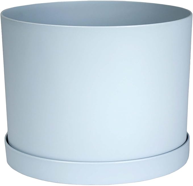 Bloem Mathers 8" Misty Blue Round Modern Resin Garden Planter Pot with Drainage Holes and Removable Saucer Tray Included