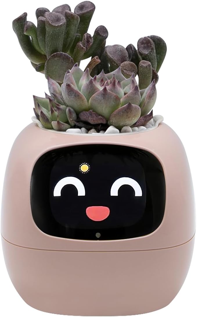 Smart Plant Pot with Expression, AI Intelligent Flower Pot for Indoor Decoration, Smart Garden Pot with Water/Light/Temperature Sensors, Ivy AI Planter(Pink)