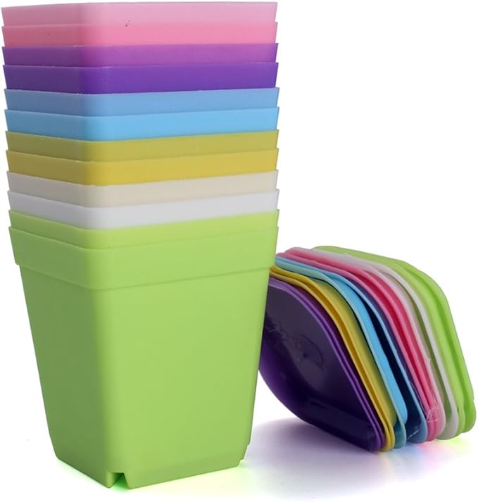 WARMBUY Colorful Plastic Flower Pots with Saucers for Small Plants, Set of 12