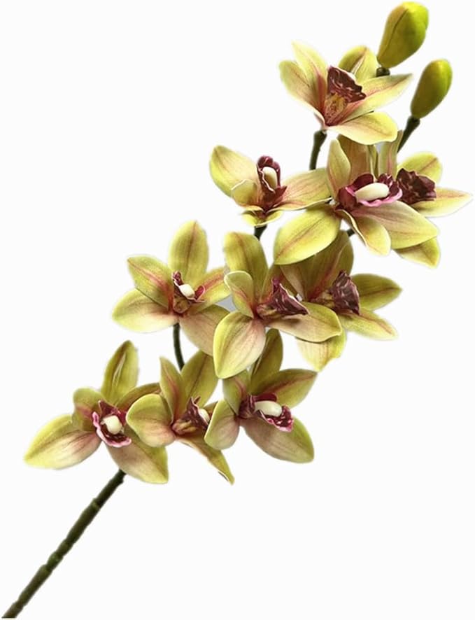 4pcs Artificial Cymbidium Orchid Flower Plant 3D Print Vanda 10 Heads Latex Phalaenopsis Flower (Green Yellow)