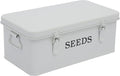 Seed Saving Box, Metal Seed Bin, Seed Storage Organizer, Seed Packet Container with Lid, Seed Envelope Storage Box, 4 Compartments Garden Seed Bin with Safety Locks-White