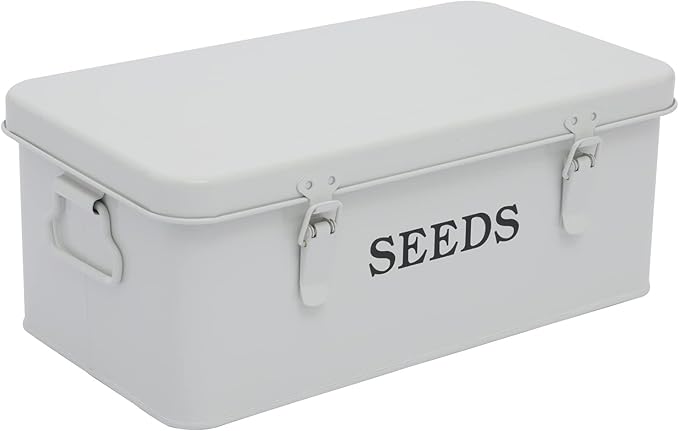 Seed Saving Box, Metal Seed Bin, Seed Storage Organizer, Seed Packet Container with Lid, Seed Envelope Storage Box, 4 Compartments Garden Seed Bin with Safety Locks-White