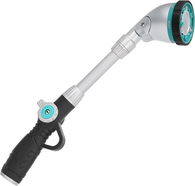 QUOBAS 16 Inch Watering Wand, Heavy Duty Garden Hose Sprayer with 90° Adjustable Head, Thumb Control & 6 Spray Patterns,Long Reach Hose Nozzle for Hanging Plants, Lawn, Garden & Outdoor Cleaning