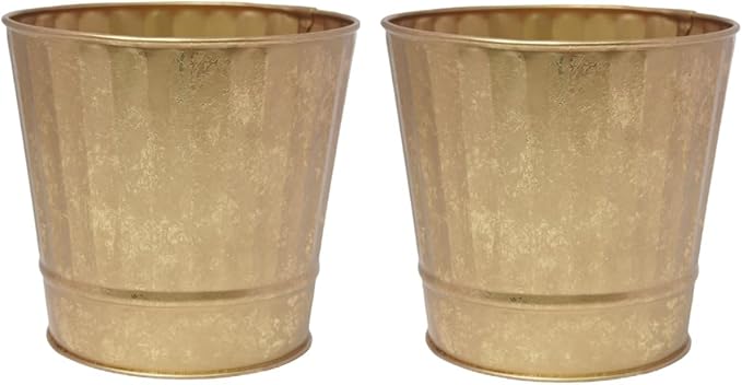 Hosley Metal Planters Pack of 2, Ideal Farmhouse Decor for Floral Arrangements Weddings, Gift Special Events Parties Outdoor Planters Gold 5" Dia x 4.8" H
