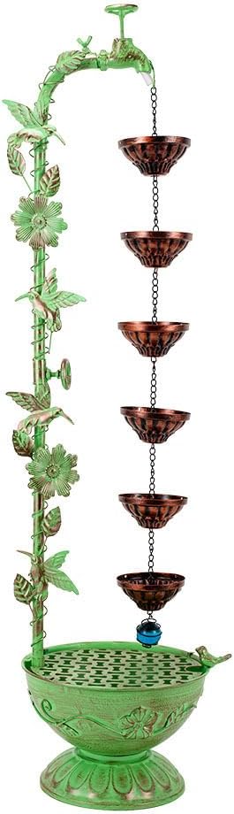 40" Vintage Metal Floor Water Fountain - Soothing Waterfall Outdoor Fountains with 6 Hanging Cups for Garden Patio Backyard Deck Decor, 1107 - Green Hummingbirds & Faucet
