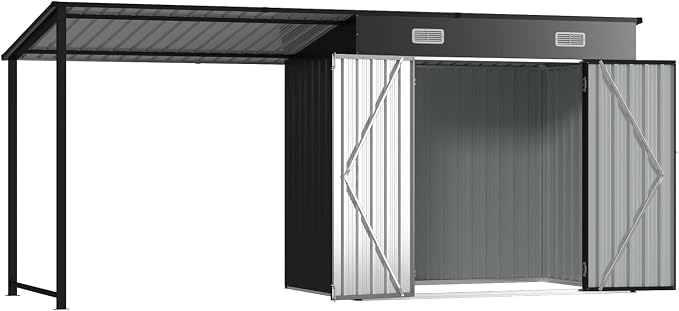 Aoxun 6x4FT Outdoor Storage Shed & Hardtop Gazebo Combo with Solar String Lights, 12x4FT Metal Lean to Shed with Pergola, 2-in-1 Durable Garden Tool Shed for Patio, Backyard, Deck