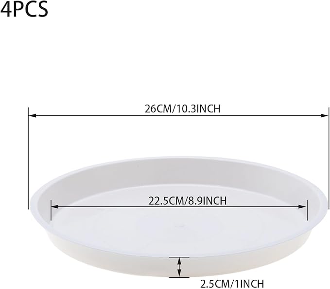 4pcs White Plastic Plant Saucers (10 inch) - Heavy Duty Indoor Plant Trays for Pots with Water Drainage, Drip Catcher & Decor (Set of 4 Round Saucers)