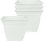 The HC Companies 6 Inch Eclipse Square Planter Pots with Drainage Holes & Attached Saucer, Lightweight UV-Resistant Plastic Indoor Outdoor Planters, 4-Pack Flower Pots for Garden & Home Decor, White