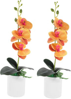 GLEAVI 2pcs Artificial Bonsai Faux Moth Orchids Potted Plant Realistic Desktop Decoration for Home and Office Orange Orchid Arrangement for Living Room and Study Decor