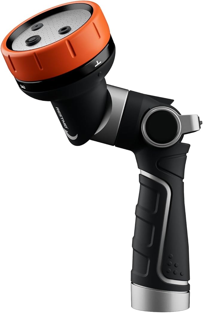 RESTMO Multi-Angle Garden Hose Nozzle with Sprinkler Function, Heavy Duty Water Hose Nozzle with 4 Spray Patterns, Magic Twist and Thumb Flow Control for Garden Watering, Car Washing & Yard, Orange