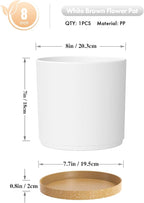 WSMKSZ 8 Inch Cylinder Flower Pots for Indoor Outdoor Plants, Medium Deep Plant Pots with Drainage Holes & Saucer, Decorative Plastic Planter Pots for Garden House Plants, White with Brown