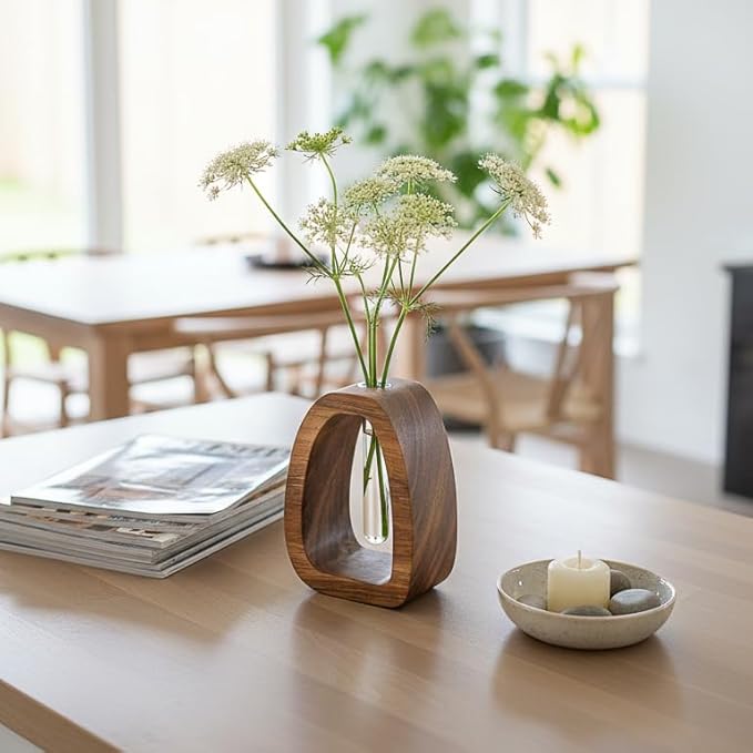 Solid Wood Frame Glass Test Tube Vase Desk Hydroponic Plant, Enhances Home and Office Environment, Small Size (Small)