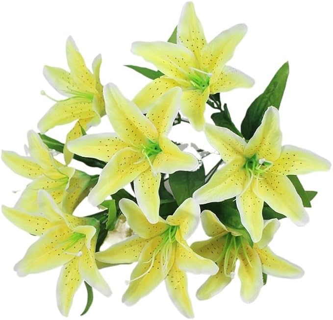 Fake Flower Simulation Flower 10 Lily Bouquet Orchid Perfume Lily Living Room Flower Arrangement Props Plastic Silk Flower(Yellow)