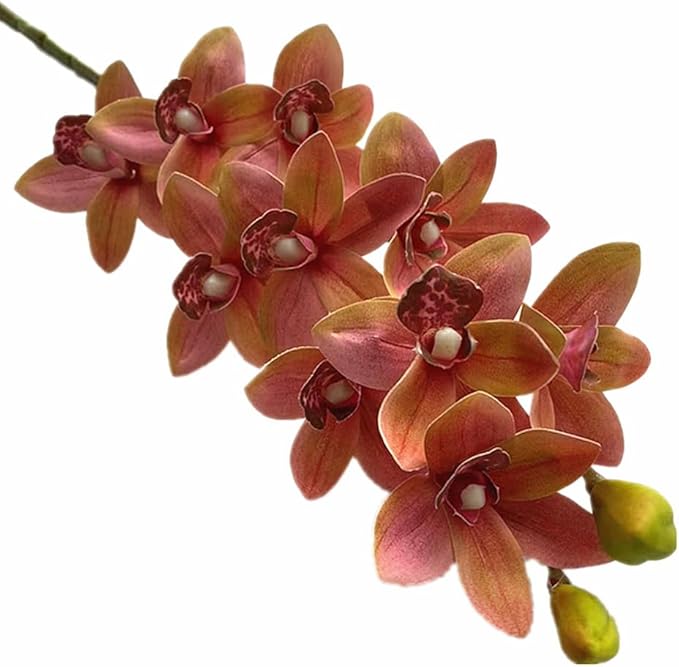 4pcs Artificial Cymbidium Orchid Flower Plant 3D Print Vanda 10 Heads Latex Phalaenopsis Flower (Orange Pink)