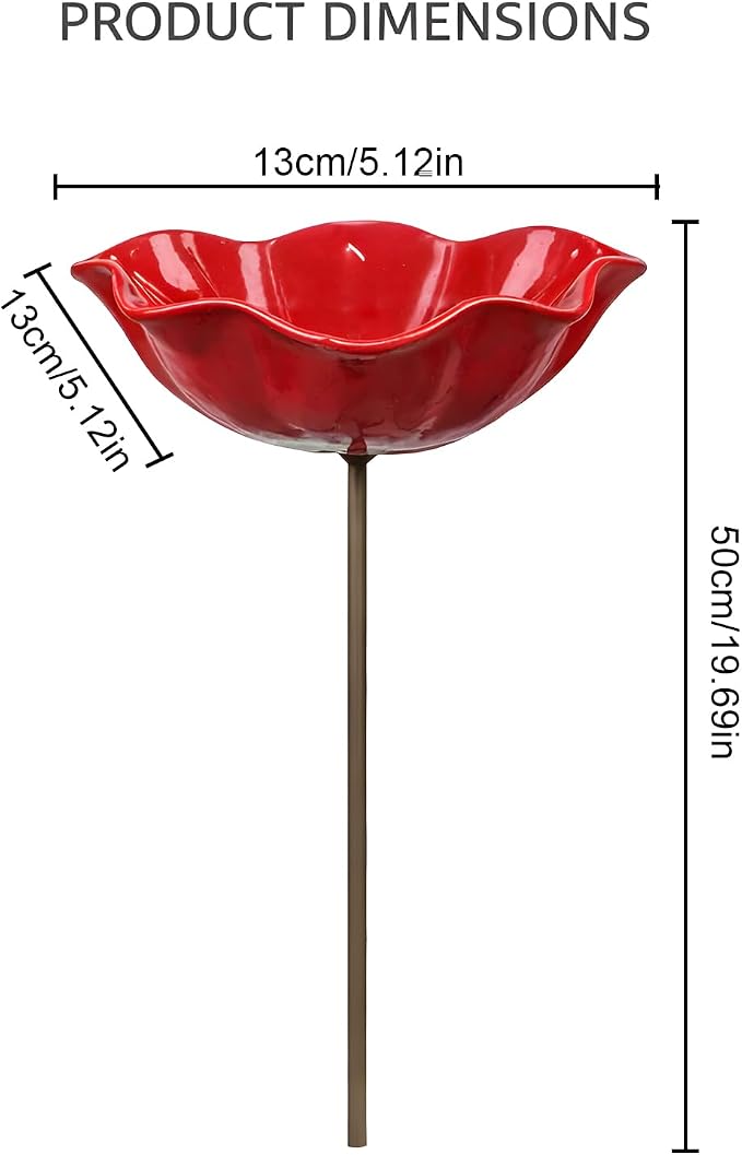 Handmade Metal Flower Garden Stake Bird Bath, Hummingbird Feeder, Bee & Butterfly Puddler, Mini Pollinator Watering Station for Garden Patio Lawn Yard Decor (Red, 1PCS)