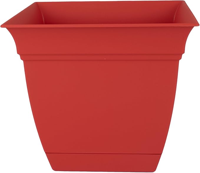 The HC Companies Eclipse Square Plastic Planter w/Attached Saucer - Outdoor & Indoor Plant Pot with Drainage Holes - Lightweight, UV-Resistant Plastic Pots for Plants (8" Red, Pack of 1)