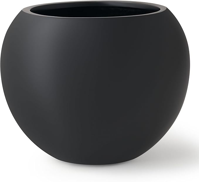 12.8"H x 16"D Premium Globo Fiberstone Round Planter with Drainage Hole, Smooth Finishes, Weather Resistant for Indoor and Outdoor Use, Included 2 Extra Coco Mats (Black, 10.7" Pot Opening)