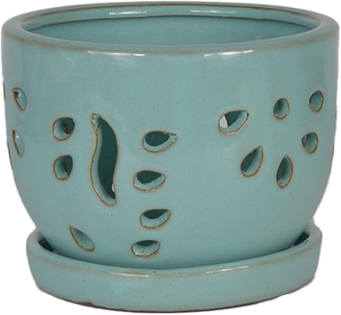W&W Orchid Pot with Holes and Saucer for Repotting, Turquoise, 5.8"