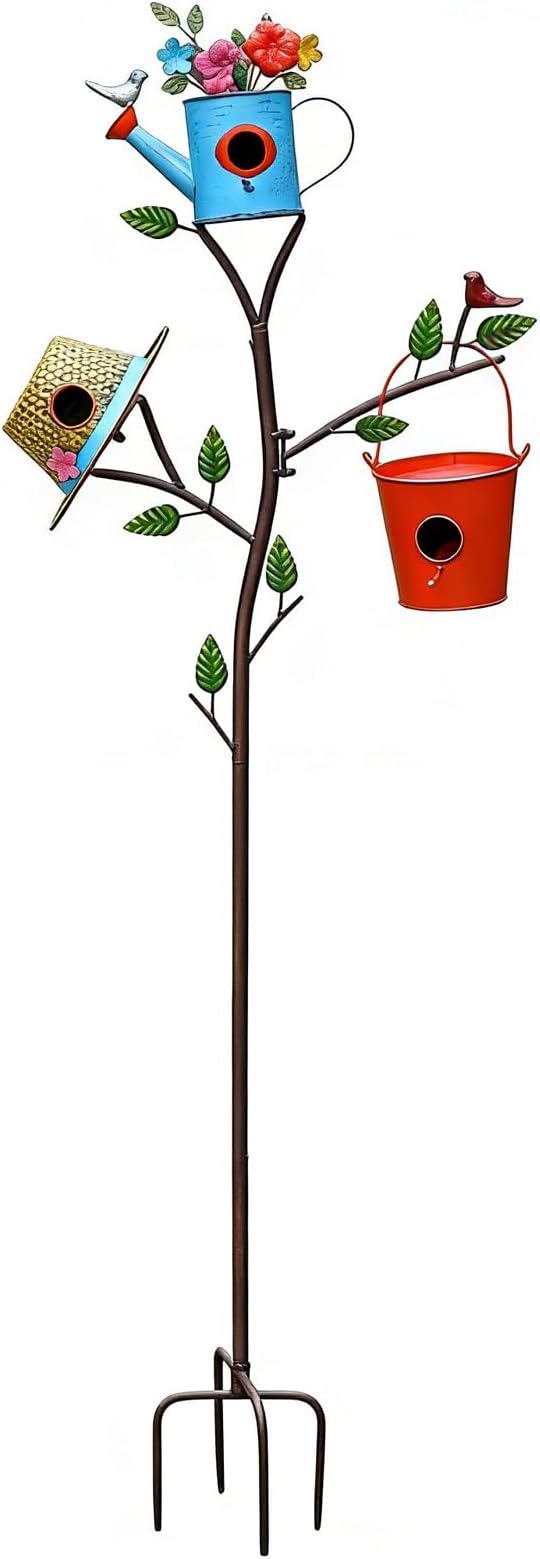 3-in-1 Bird House with Pole for Outside, Multi-Colored Metal Bird Houses for Outside, Durable Colorful Birdhouse on Stake for Bluebirds, Squirrel Proof with Easy-Clean Rear Doors, Garden Decor