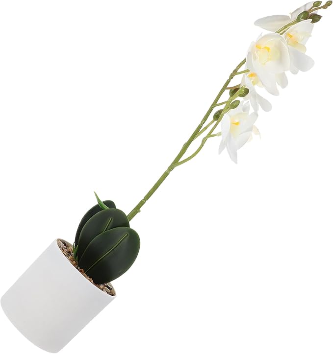 Housoutil Artificial Phalaenopsis Orchid Plant with 8 White Flowers, Realistic Faux Potted Flower Decor for Indoor Home Decoration, Simulation Orchid Bonsai for Living Room and Office