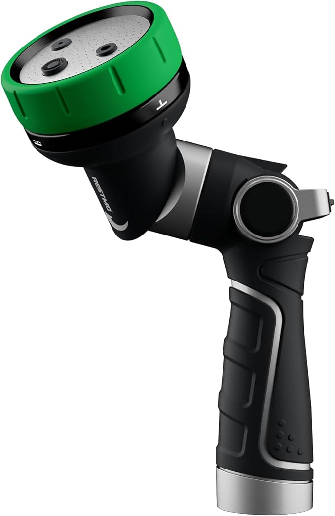 RESTMO Multi-Angle Garden Hose Nozzle with Sprinkler Function, Heavy Duty Water Hose Nozzle with 4 Spray Patterns, Magic Twist and Thumb Flow Control for Garden Watering, Car Washing & Yard, Green