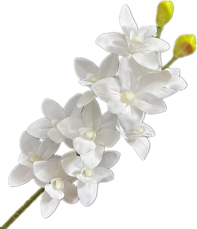 4pcs White Artificial Orchids 10 Heads Fake Cymbidium Orchids with Realistic Touch, Lifelike Flowers for Wedding Centerpieces Home Decor Living Room Bathroom Office Vase Arrangements (pure white)
