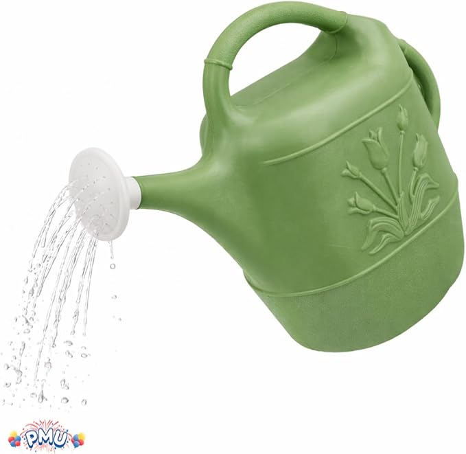 PMU 2 Gallon Watering Can - Garden Watering Can for Indoor & Outdoor Plants - Plastic Water Can with Detachable Sprinkler Head - Large Water Pot, Made in USA - Sage Green Pkg/3
