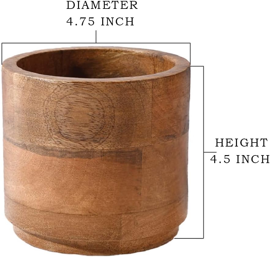 Serene Spaces Living Small Mango Wood Cachepot, Natural Wooden Pot for Faux Flowers & Plants, Potted Indoor Plants, Home, Office, Restaurant Decor, Measures 4.75" Diameter & 4.5" Tall