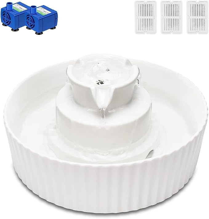 Ceramic Cat Water Fountain, 2.1L/71oz Cupcake Pet Water Fountain for Dog and Cat Indoor, 2 Ultra Quiet Pumps & 3 Filters