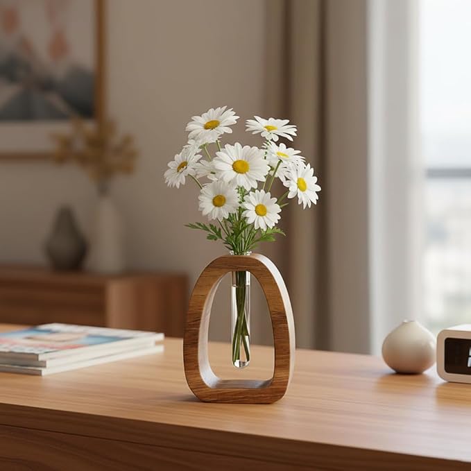 Solid Wood Frame Glass Test Tube Vase Desk Hydroponic Plant, Enhances Home and Office Environment, Small Size (Small)