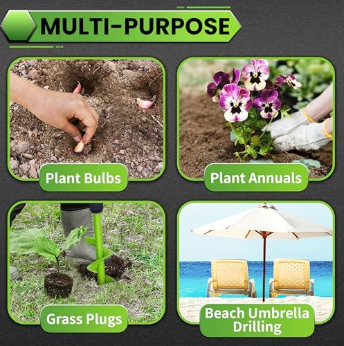 Green Garden Auger Drill Bit for Planting, 4"x12" Post Hole Digger & Bulb Planter Tool, Fits 3/8" Hex Drive Drill, for Seeds, Flowers, Tree Roots, Fence Posts and so on