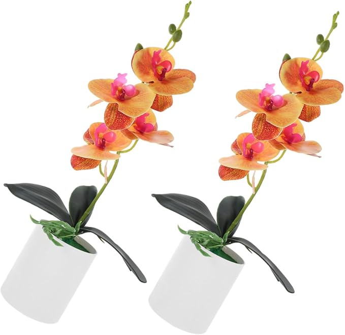 Happyyami 2pcs Artificial Moth Orchids Faux Potted Plant for Home and Office Decoration Realistic Bonsai Ornament for Living Room Garden and Desk Display Orange