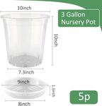 BTPLASTIK 3 Gallon Clear Nursery Pots with Saucers 5P, 10 Inch Round Plastic Plant Pots with Drainage Holes