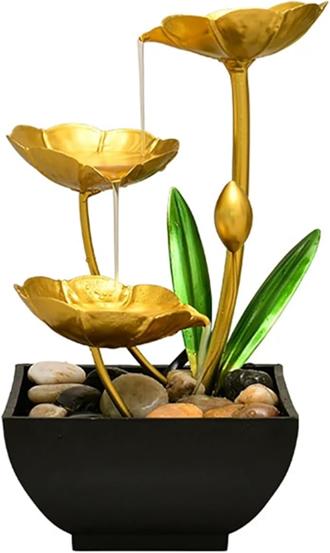 11‘’ H Gold Tabletop Water Fountain, Zen Desktop Waterfall, Indoor Lotus Desktop Decorative Fountain, Home Bathroom Bedroom Decor.