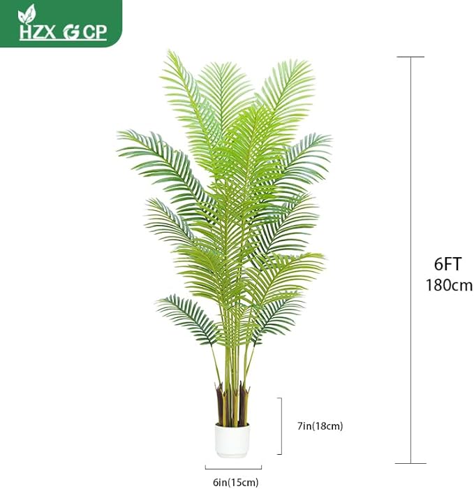 6FT Artificial Palm Tree Indoor with White Pot, Realistic Leaves, 15 Trunks Adjustable Branches, Tall Faux Fake Palm Plant, Ideal for Living Room Bedroom Office Home Interior Aesthetic Decor