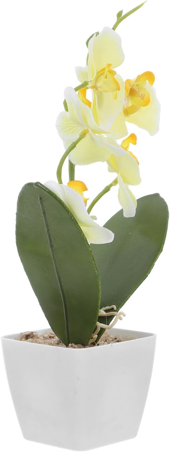 Artificial Orchid Plant Faux Phalaenopsis Flower with Yellow Plastic Pot Silk Artificial Orchids Table Centerpiece for Home Living Room Office Decoration