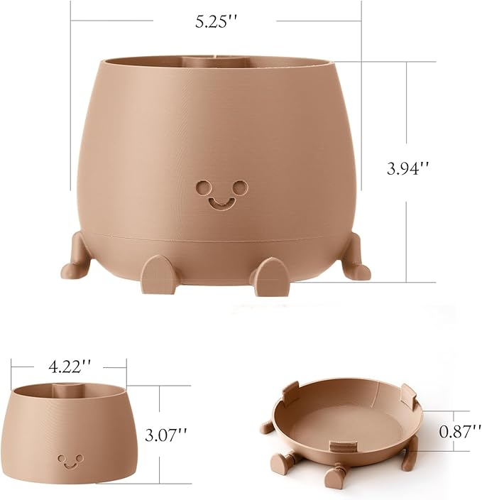 TOPOLA Happy Face Planter, 5.2 Inches Plastic Plant Pot, Self Watering Plant Pot with Drainage Holes for Indoor Outdoor, Succulent Pot, Funny Flower Pot, Khaki