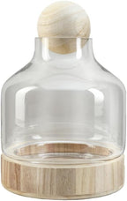 Serene Spaces Living Small Woodland Glass Terrarium - Wooden Base & Ball Stopper, Plants and Succulents Sanctuary, Potpourri Holder & Decorative Showcase for Home Décor, 7" Diameter & 10" Tall