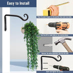 FEED GARDEN Heavy Duty Plant Hooks - 2 Pack 6 Inch Wall Mounted Hanging Brackets, 44lb Capacity Steel Plant Hangers for Bird Feeders, Baskets, Wind Chimes - Black