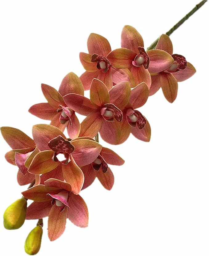 4pcs Artificial Cymbidium Orchid Flower Plant 3D Print Vanda 10 Heads Latex Phalaenopsis Flower (Orange Pink)