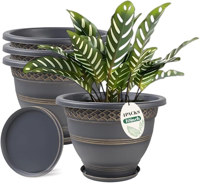 Usocik 10 Inch 4 Pack Plant Pots, Plastic Flower Pot for Indoor & Outdoor with Drainage Holes & Saucer, Plaid Pattern Planters Garden Pots for Herbs