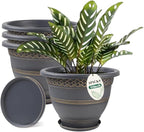 Usocik 10 Inch 4 Pack Plant Pots, Plastic Flower Pot for Indoor & Outdoor with Drainage Holes & Saucer, Plaid Pattern Planters Garden Pots for Herbs