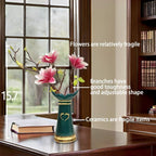 LoveLin Artificial Flowers Pink with Ceramic Vase - Ready-to-Display Home Decor Indoor for Living Room, Dining Table, Office, Wedding & Housewarming, Magnolia Flower & Green Vase